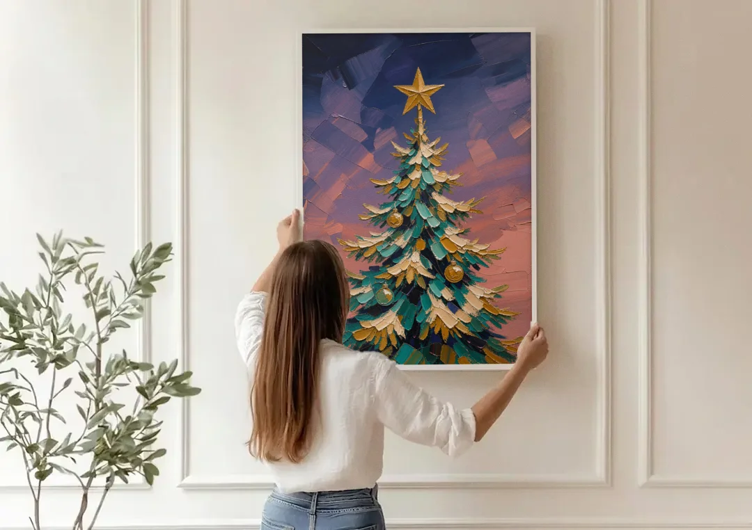 Oil Painting Christmas Tree at Violet Twilight canvas wall art being hung on a paneled wall