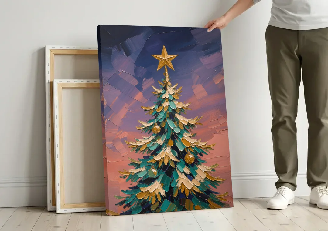 Oil Painting Christmas Tree at Violet Twilight canvas wall art leaning against a wall next to blank canvases