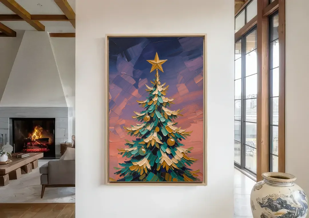 Oil Painting Christmas Tree at Violet Twilight canvas wall art in a living room with a fireplace