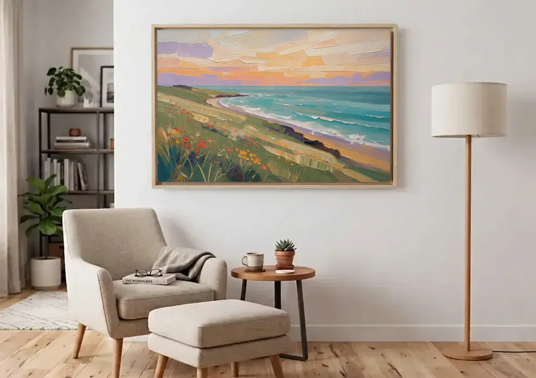 Oil Painting Landscape Canvas of a Sage Headland canvas wall art above an armchair in a bright living room