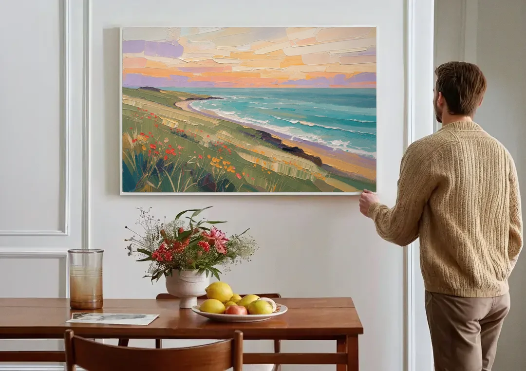 Oil Painting Landscape Canvas of a Sage Headland canvas wall art above a dining table