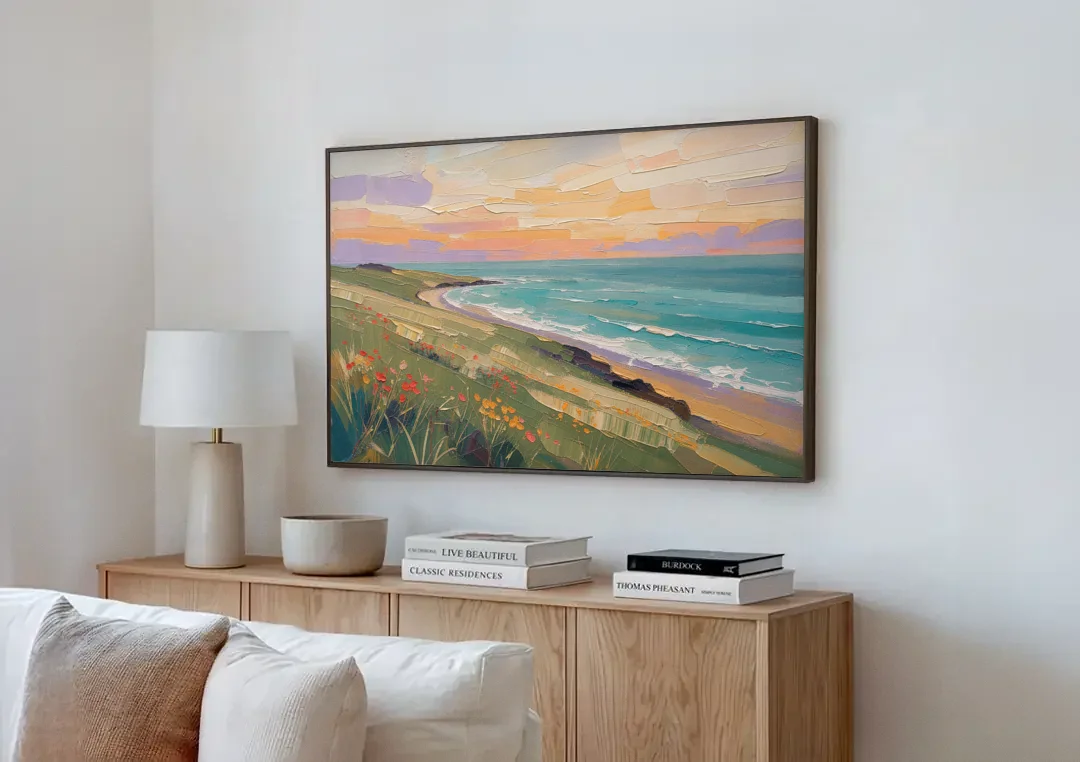 Oil Painting Landscape Canvas of a Sage Headland canvas wall art above a wooden sideboard next to a sofa