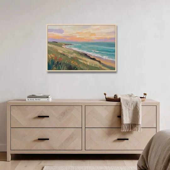 Oil Painting Landscape Canvas of a Sage Headland - Oak Framed Canvas Wall Art - Coffee Table - 36x24