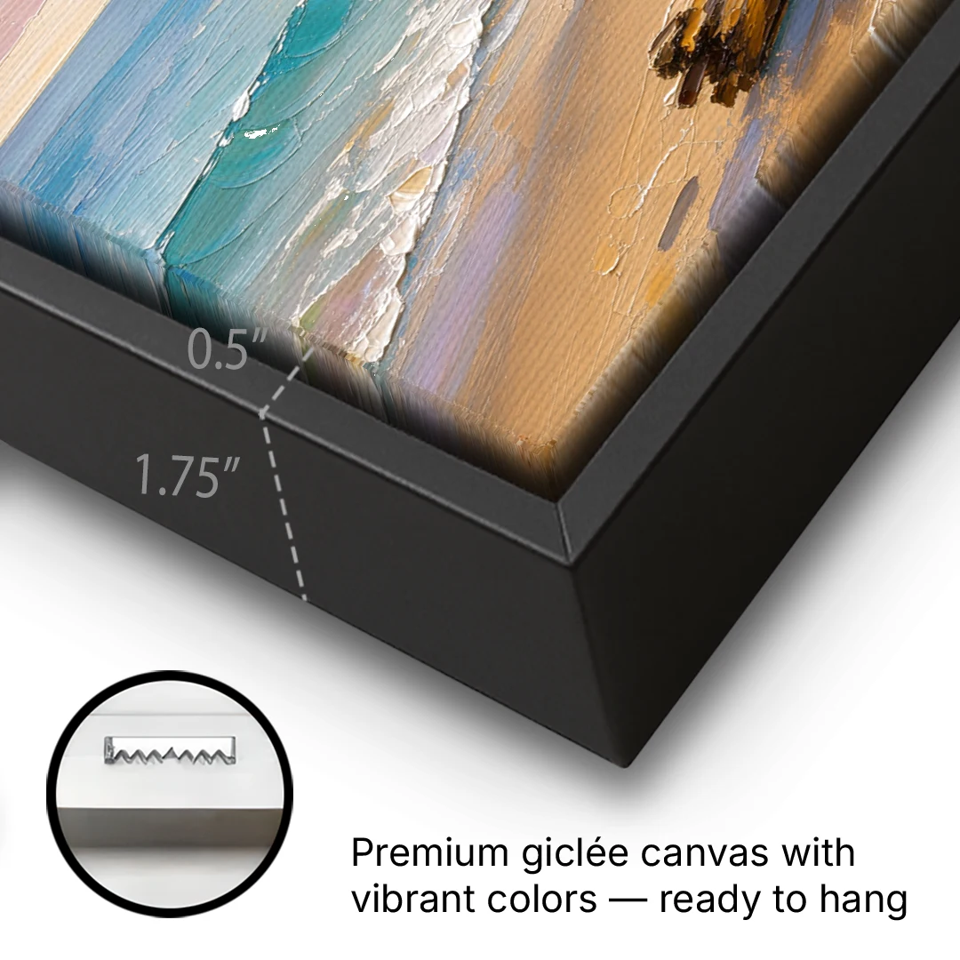 Oil Painting of Beach and Lone Driftwood - Black Framed Canvas Wall Art - Gallery Wrap Corner