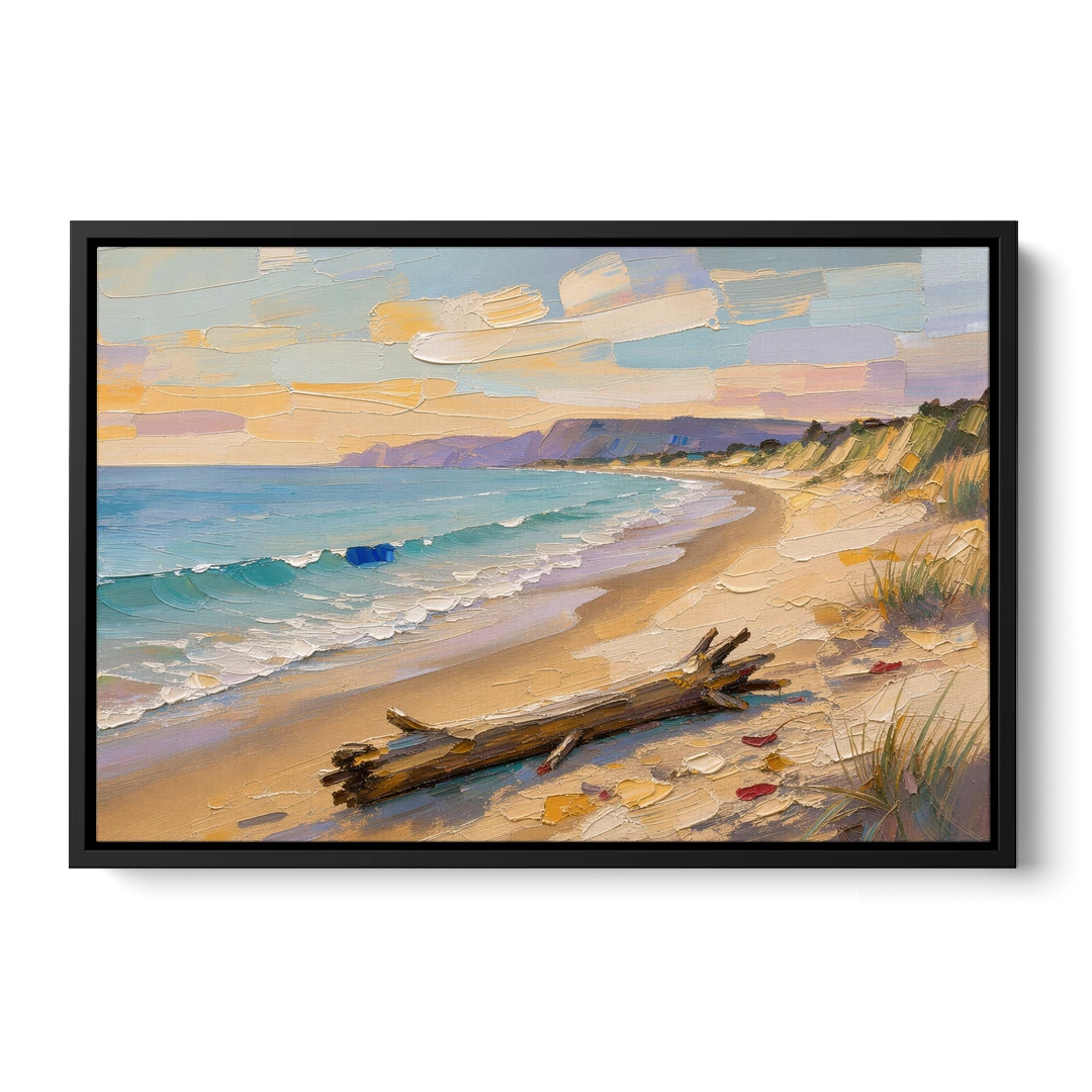 Oil Painting of Beach and Lone Driftwood - Black Framed Canvas Wall Art - Front