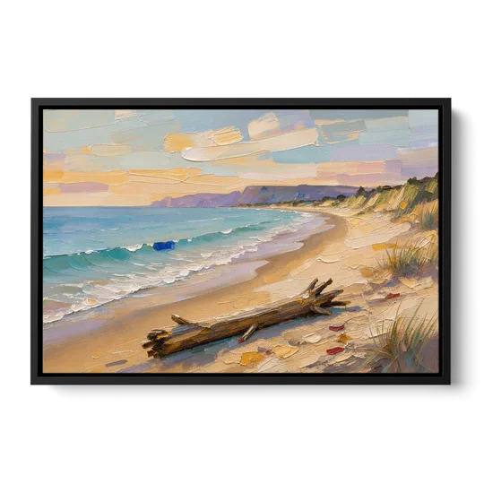 Oil Painting of Beach and Lone Driftwood - Black Framed Canvas Wall Art - Front