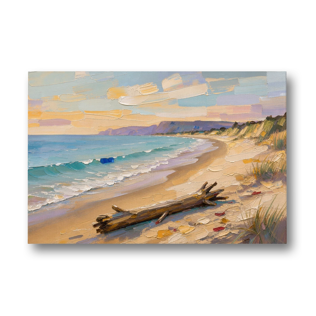 Oil Painting of Beach and Lone Driftwood - Canvas Wall Art - Front