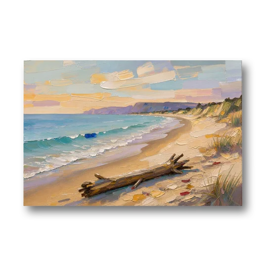Oil Painting of Beach and Lone Driftwood - Canvas Wall Art - Front