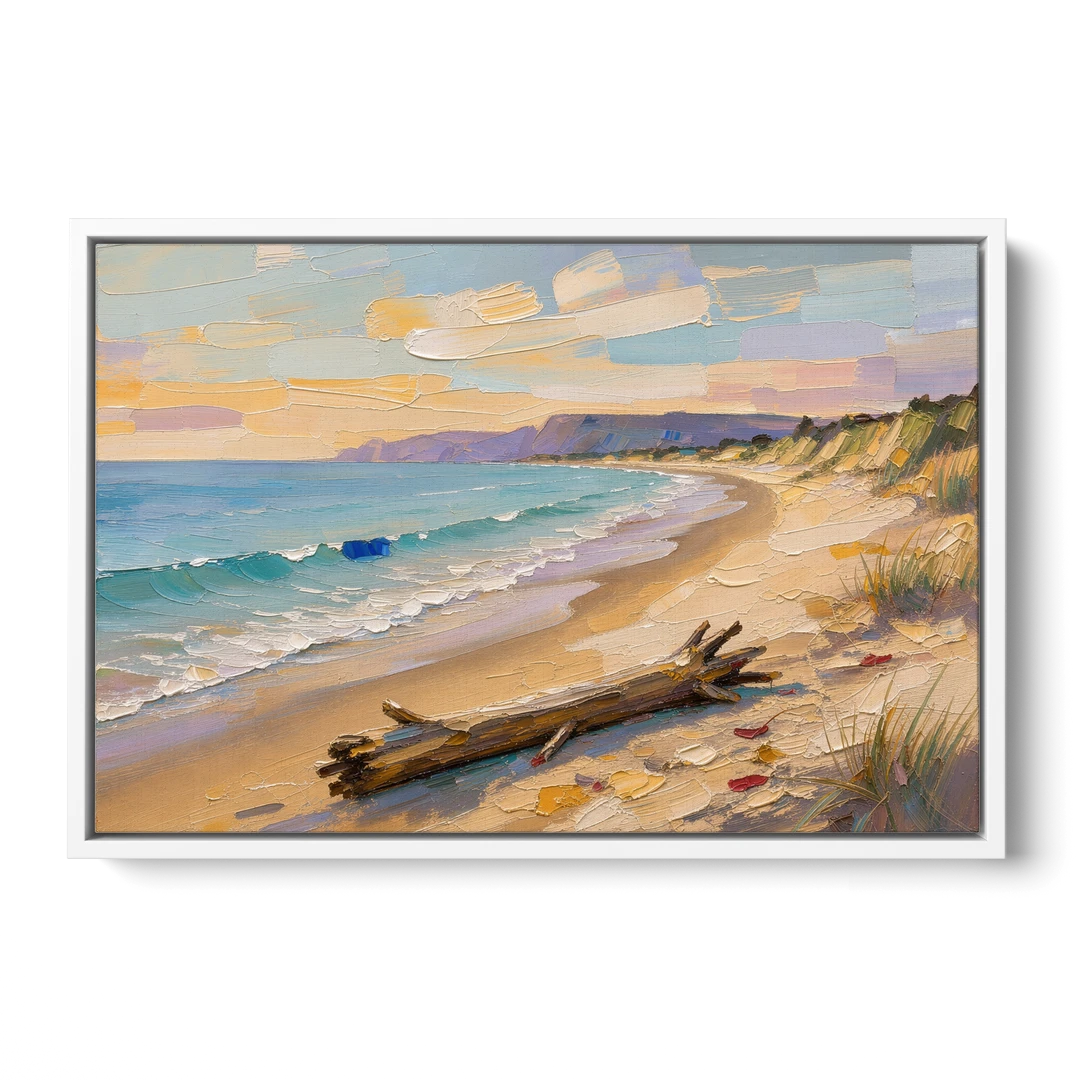 Oil Painting of Beach and Lone Driftwood - White Framed Canvas Wall Art - Front