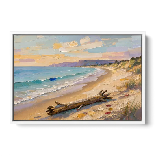 Oil Painting of Beach and Lone Driftwood - White Framed Canvas Wall Art - Front