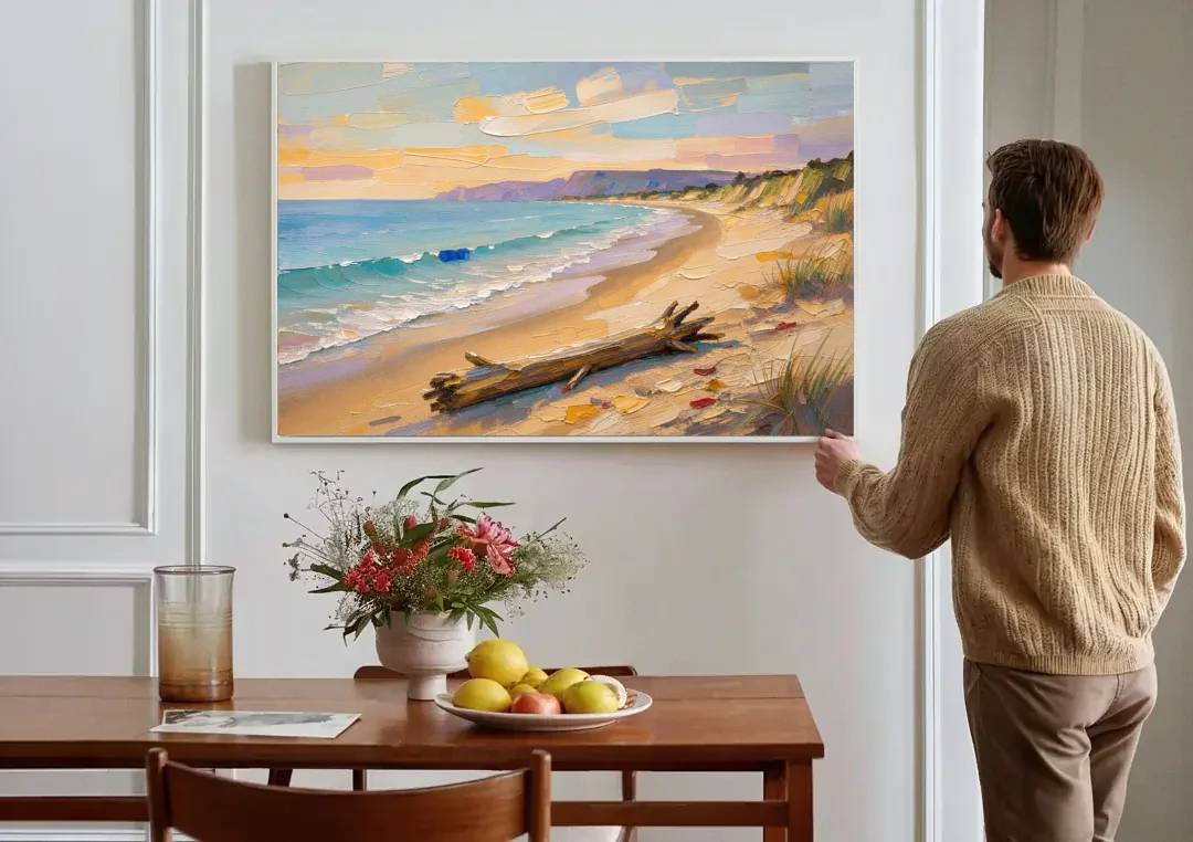 Oil Painting of Beach and Lone Driftwood canvas wall art above a dining table