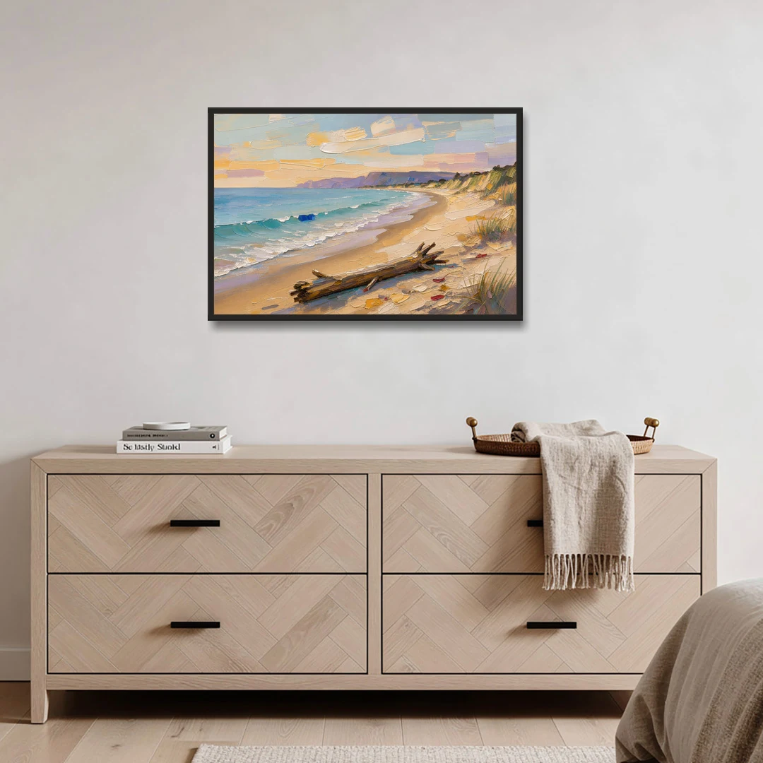 Oil Painting of Beach and Lone Driftwood - Black Framed Canvas Wall Art - Coffee Table - 36x24