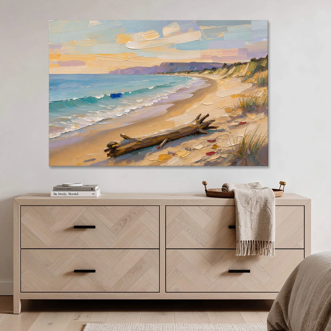 Oil Painting of Beach and Lone Driftwood - Canvas Wall Art - Coffee Table - 60x40