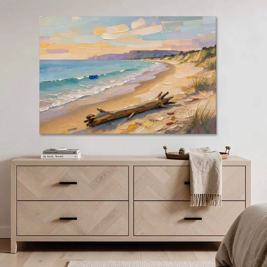 Oil Painting of Beach and Lone Driftwood - Canvas Wall Art - Coffee Table - 60x40
