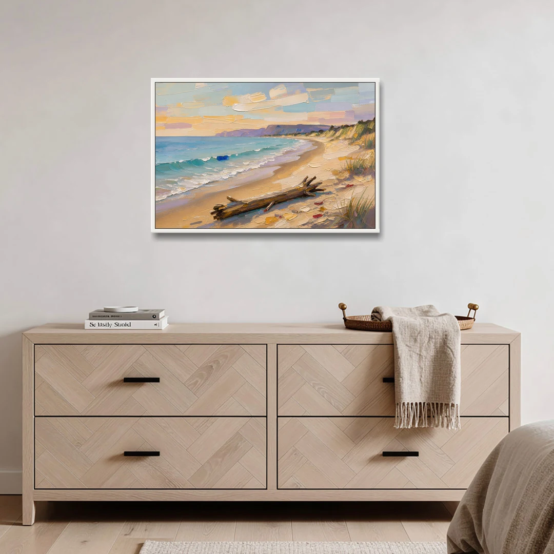 Oil Painting of Beach and Lone Driftwood - White Framed Canvas Wall Art - Coffee Table - 36x24