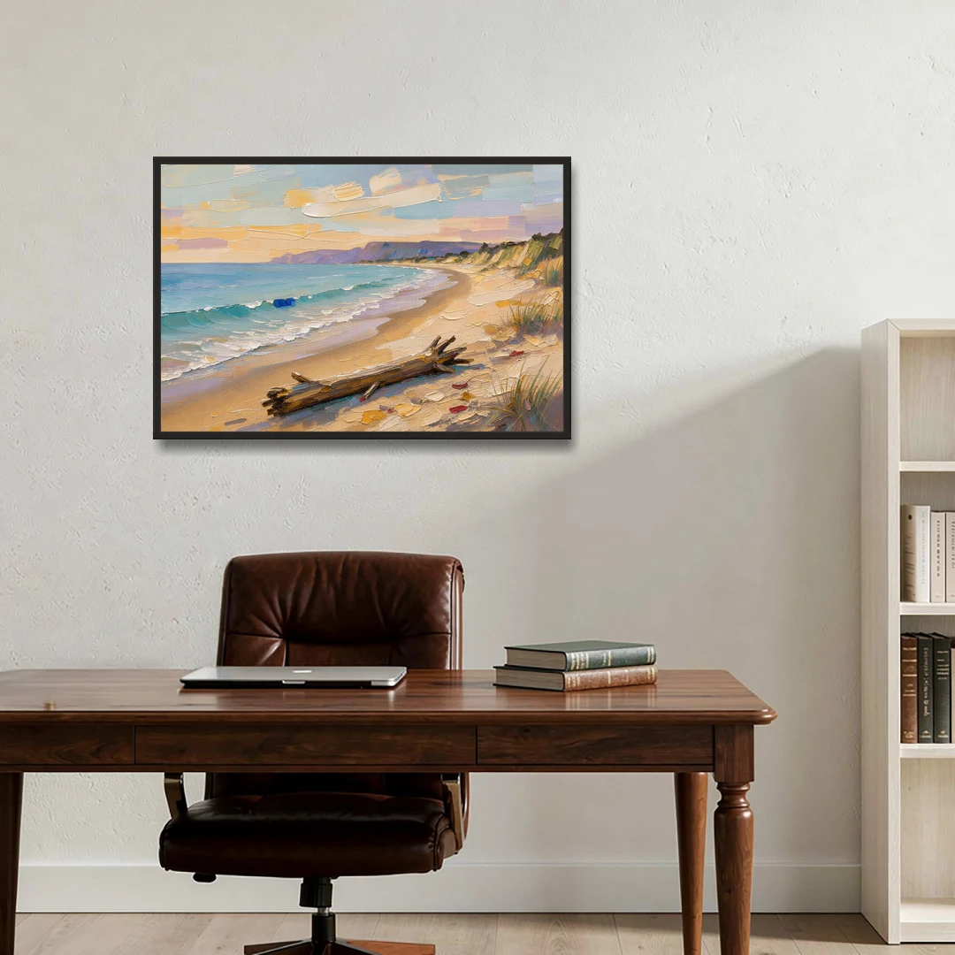 Oil Painting of Beach and Lone Driftwood - Black Framed Canvas Wall Art - Office - 36x24