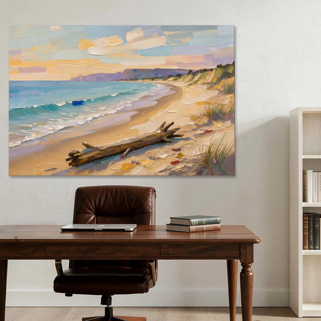 Oil Painting of Beach and Lone Driftwood - Canvas Wall Art - Office - 60x40