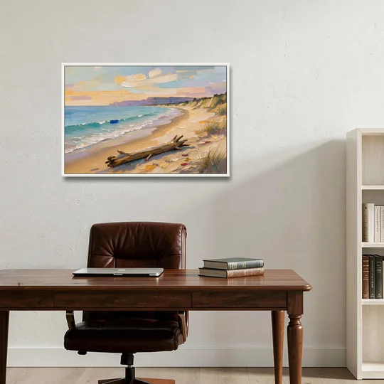 Oil Painting of Beach and Lone Driftwood - White Framed Canvas Wall Art - Office - 36x24