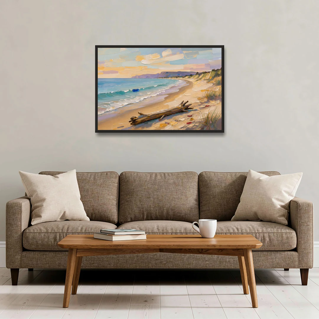 Oil Painting of Beach and Lone Driftwood - Black Framed Canvas Wall Art - Sofa - 36x24