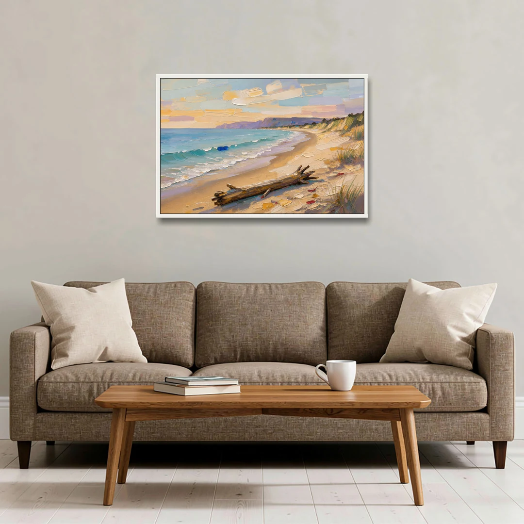 Oil Painting of Beach and Lone Driftwood - White Framed Canvas Wall Art - Sofa - 36x24