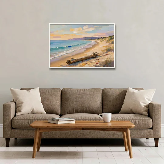 Oil Painting of Beach and Lone Driftwood - White Framed Canvas Wall Art - Sofa - 36x24