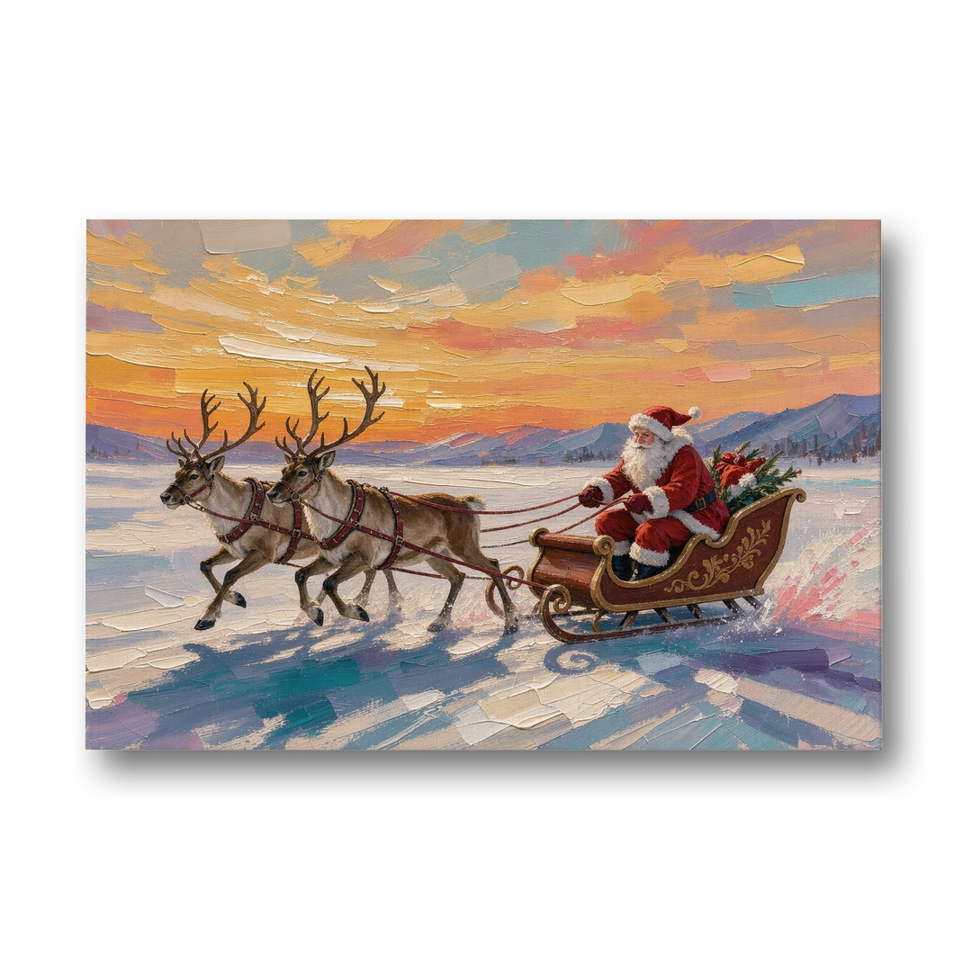 Oil Painting Santa Claus Racing the Sunset - Canvas Wall Art - Front