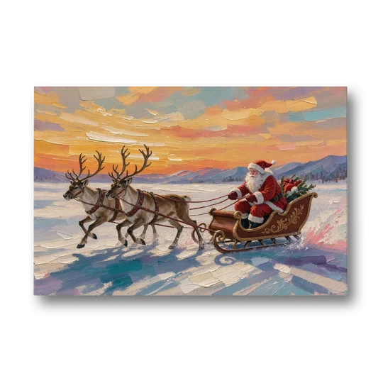 Oil Painting Santa Claus Racing the Sunset - Canvas Wall Art - Front