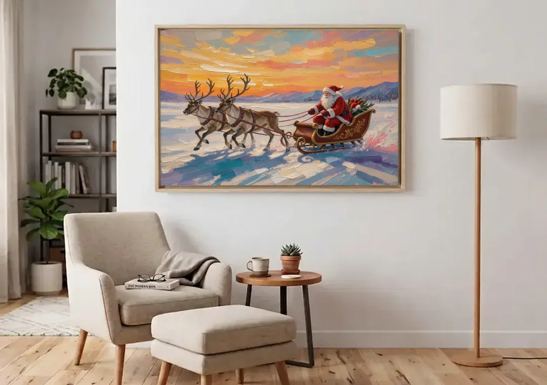 Oil Painting Santa Claus Racing the Sunset canvas wall art above an armchair in a bright living room