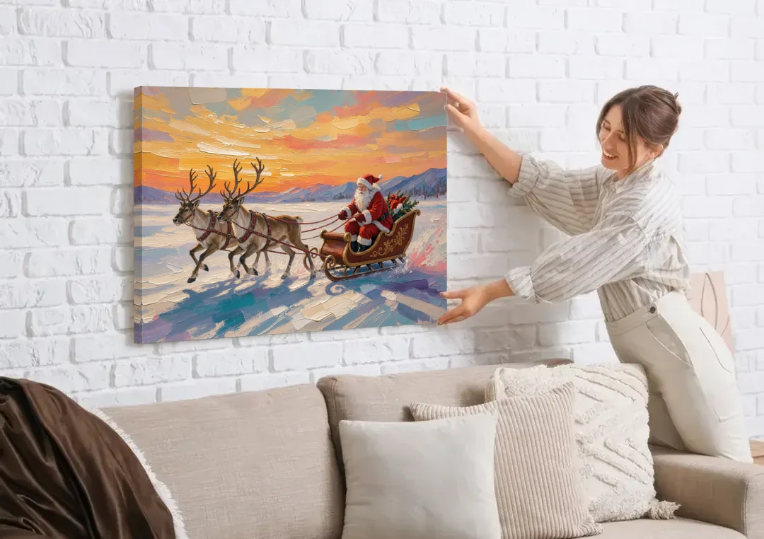 Oil Painting Santa Claus Racing the Sunset canvas wall art being hung on a white brick wall above a sofa