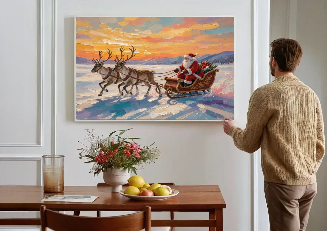 Oil Painting Santa Claus Racing the Sunset canvas wall art above a dining table
