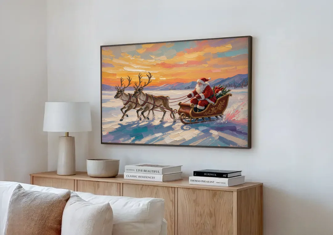 Oil Painting Santa Claus Racing the Sunset canvas wall art above a wooden sideboard next to a sofa