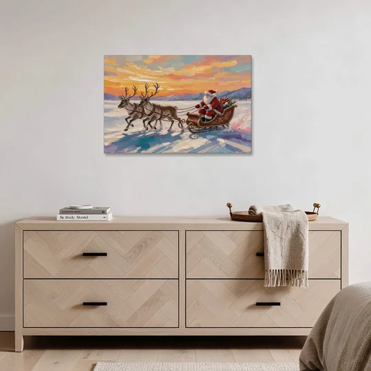 Oil Painting Santa Claus Racing the Sunset - Canvas Wall Art - Coffee Table - 36x24