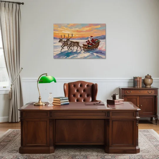 Oil Painting Santa Claus Racing the Sunset - Canvas Wall Art - Office - 36x24