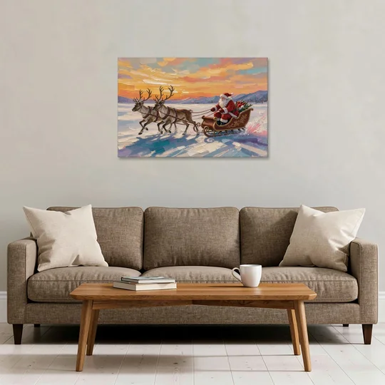 Oil Painting Santa Claus Racing the Sunset - Canvas Wall Art - Sofa - 36x24