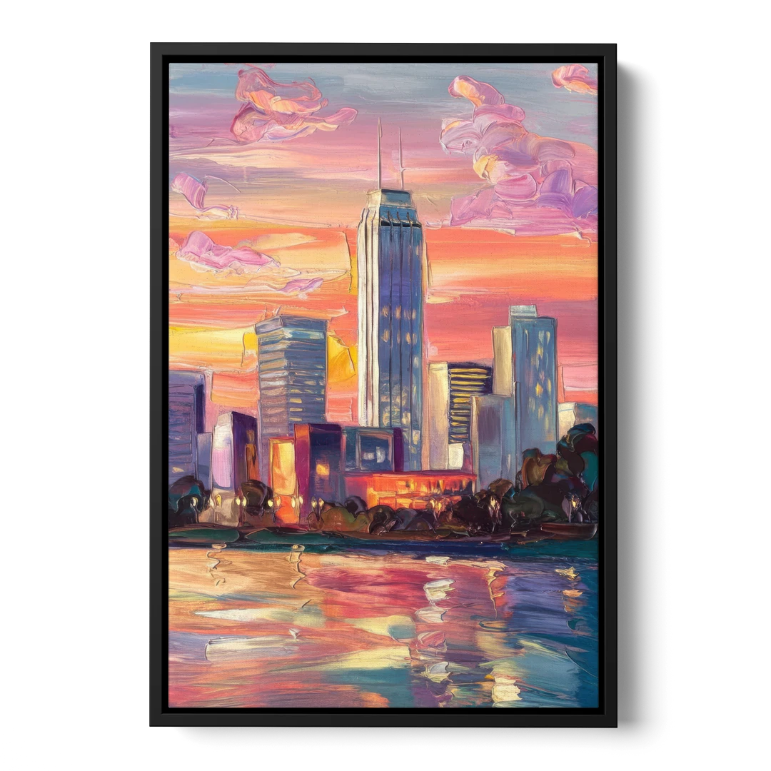 Oklahoma City Downtown Sunset - Black Framed Canvas Wall Art - Front