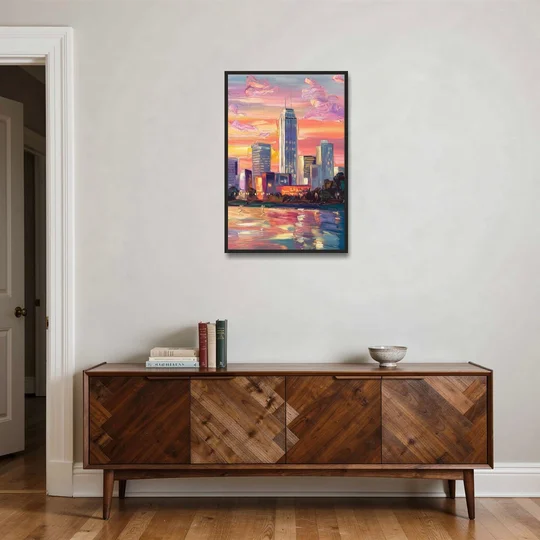 Oklahoma City Downtown Sunset - Black Framed Canvas Wall Art - Coffee Table - 24x36