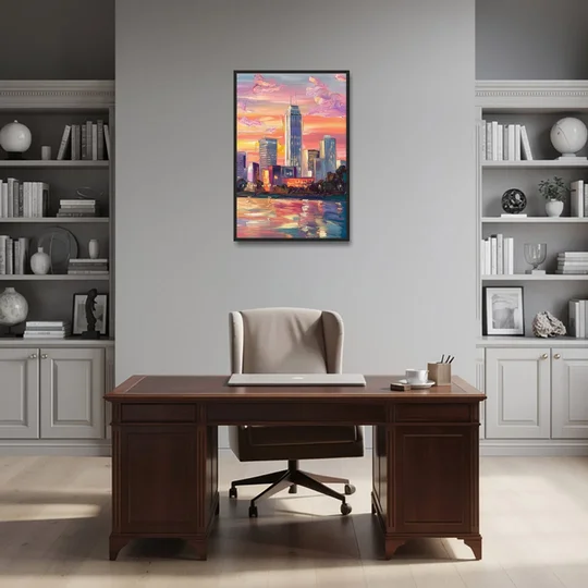 Oklahoma City Downtown Sunset - Black Framed Canvas Wall Art - Office - 24x36