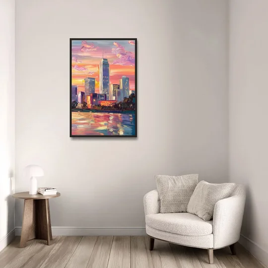 Oklahoma City Downtown Sunset - Black Framed Canvas Wall Art - Sofa - 24x36