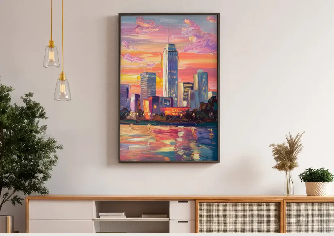 Oklahoma City Downtown Sunset canvas wall art above a wooden sideboard under pendant lights