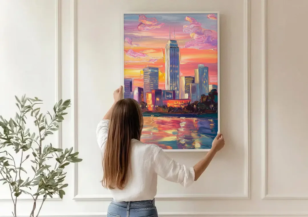 Oklahoma City Downtown Sunset canvas wall art being hung on a paneled wall