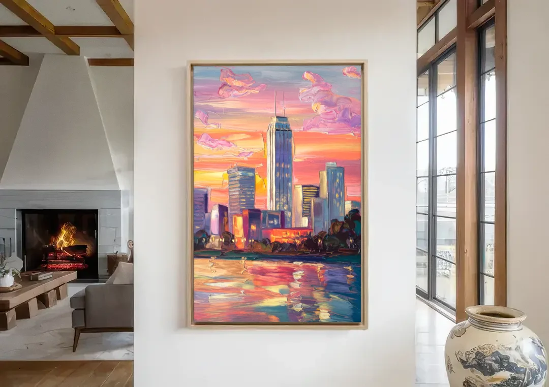 Oklahoma City Downtown Sunset canvas wall art in a living room with a fireplace