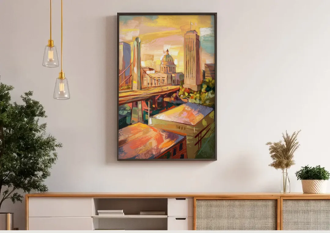 Oklahoma City Historic Landmarks canvas wall art above a wooden sideboard under pendant lights