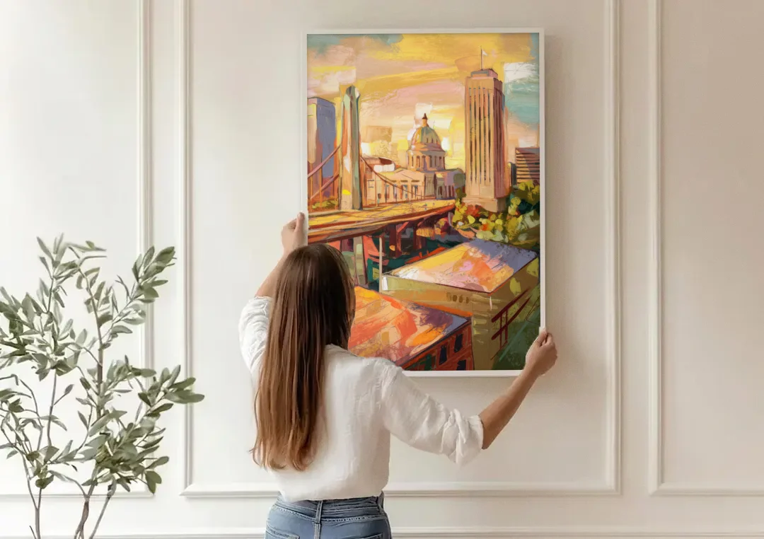 Oklahoma City Historic Landmarks canvas wall art being hung on a paneled wall