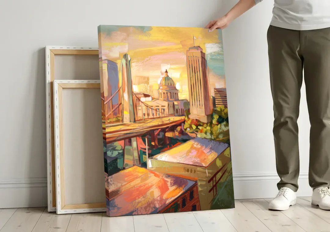 Oklahoma City Historic Landmarks canvas wall art leaning against a wall next to blank canvases