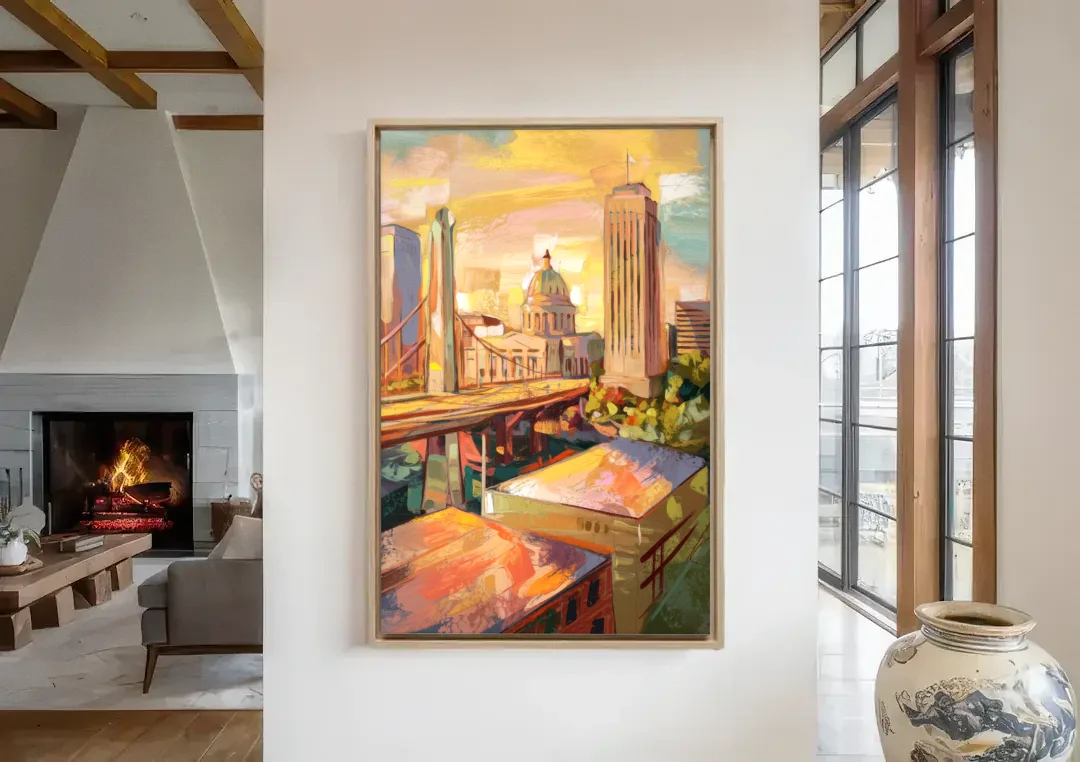 Oklahoma City Historic Landmarks canvas wall art in a living room with a fireplace