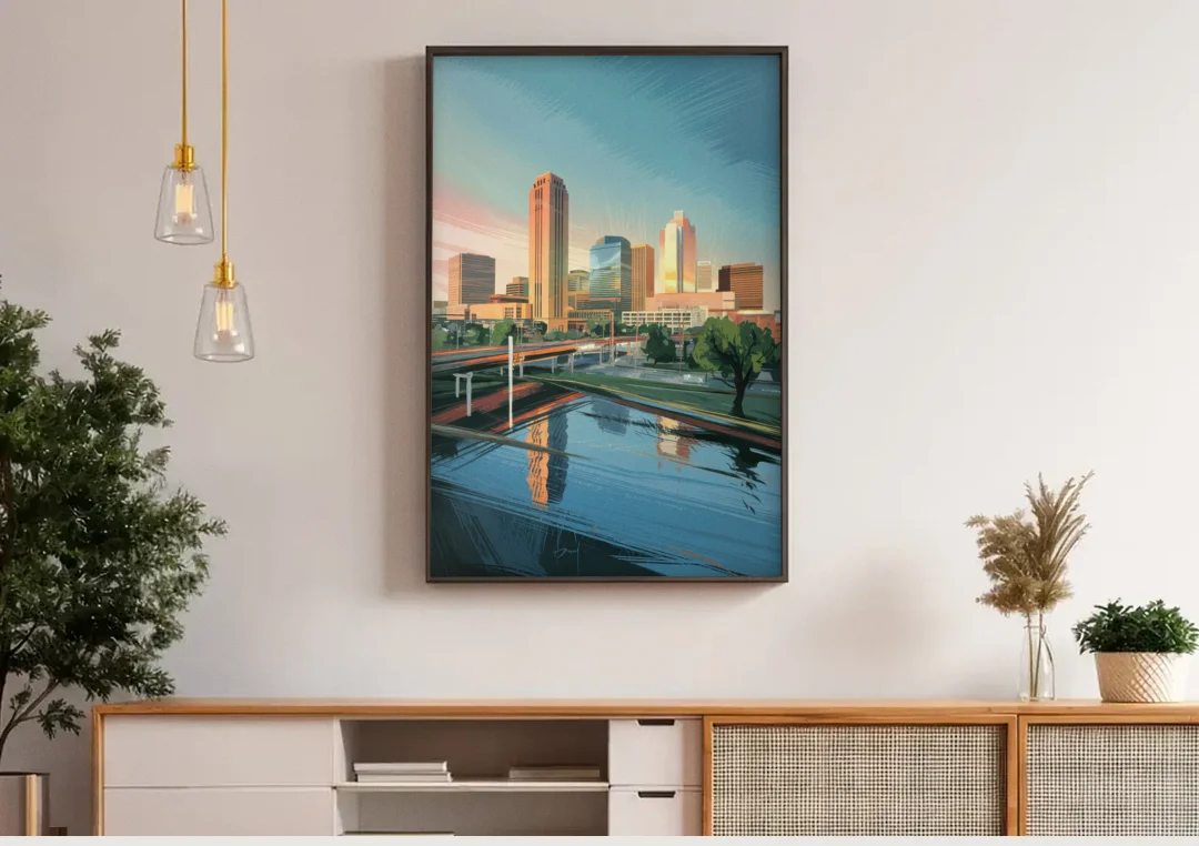 Oklahoma City Modern Architecture canvas wall art above a wooden sideboard under pendant lights