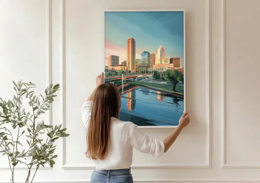 Oklahoma City Modern Architecture canvas wall art being hung on a paneled wall