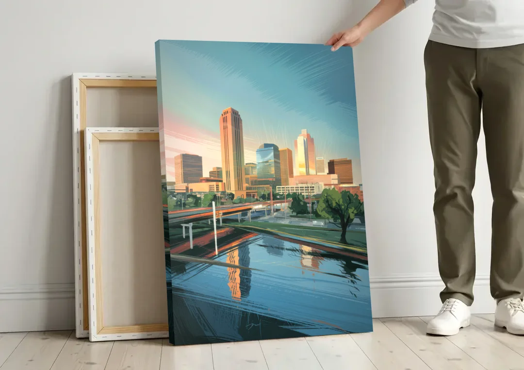 Oklahoma City Modern Architecture canvas wall art leaning against a wall next to blank canvases