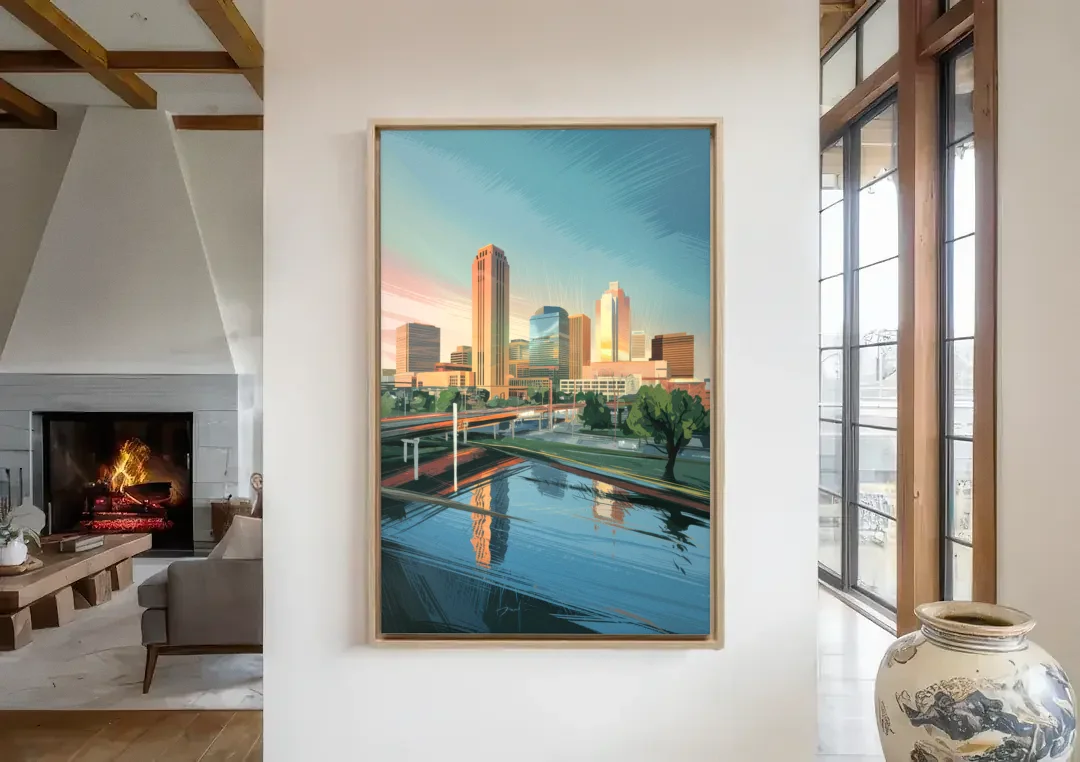 Oklahoma City Modern Architecture canvas wall art in a living room with a fireplace