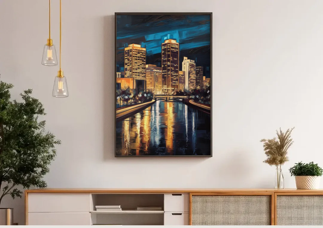 Oklahoma City Night Lights canvas wall art above a wooden sideboard under pendant lights
